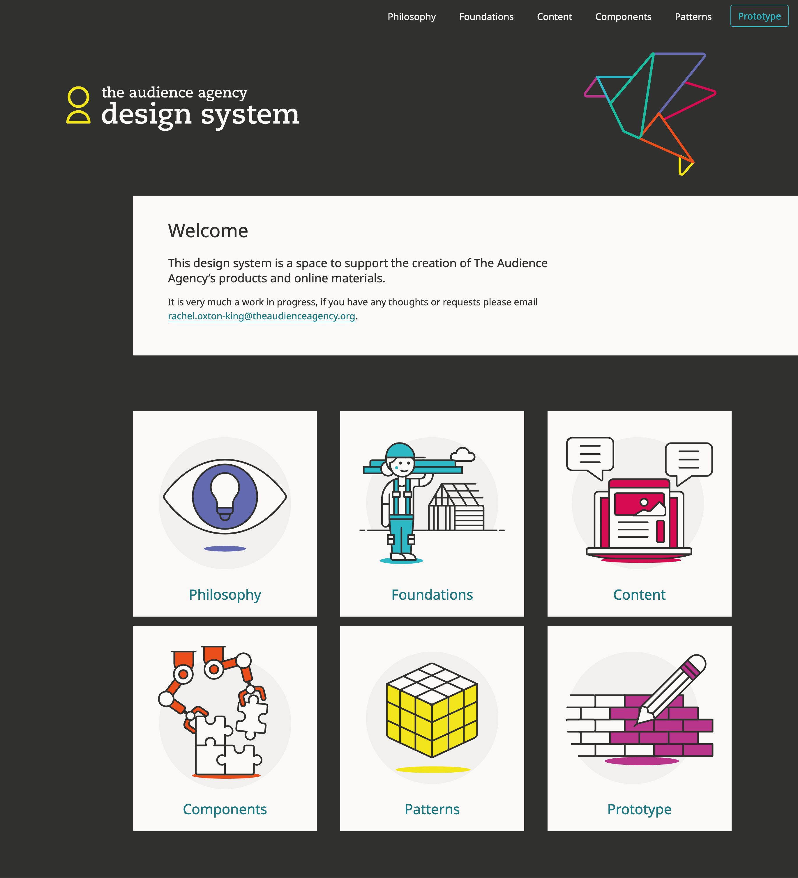 Screenshot showing The Audience Agency Design System with sections Philosophy, Foundations, Content, Components, Patterns and Prototypes